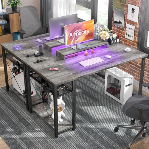 armocity Computer Desk with LED Lights, Gaming Desk with Power Outlet and USB, 40 Reversible Laptop Table with Moveable Monitor Stand, Small Desk for Small Spaces, Office, Gaming Room, Grey
