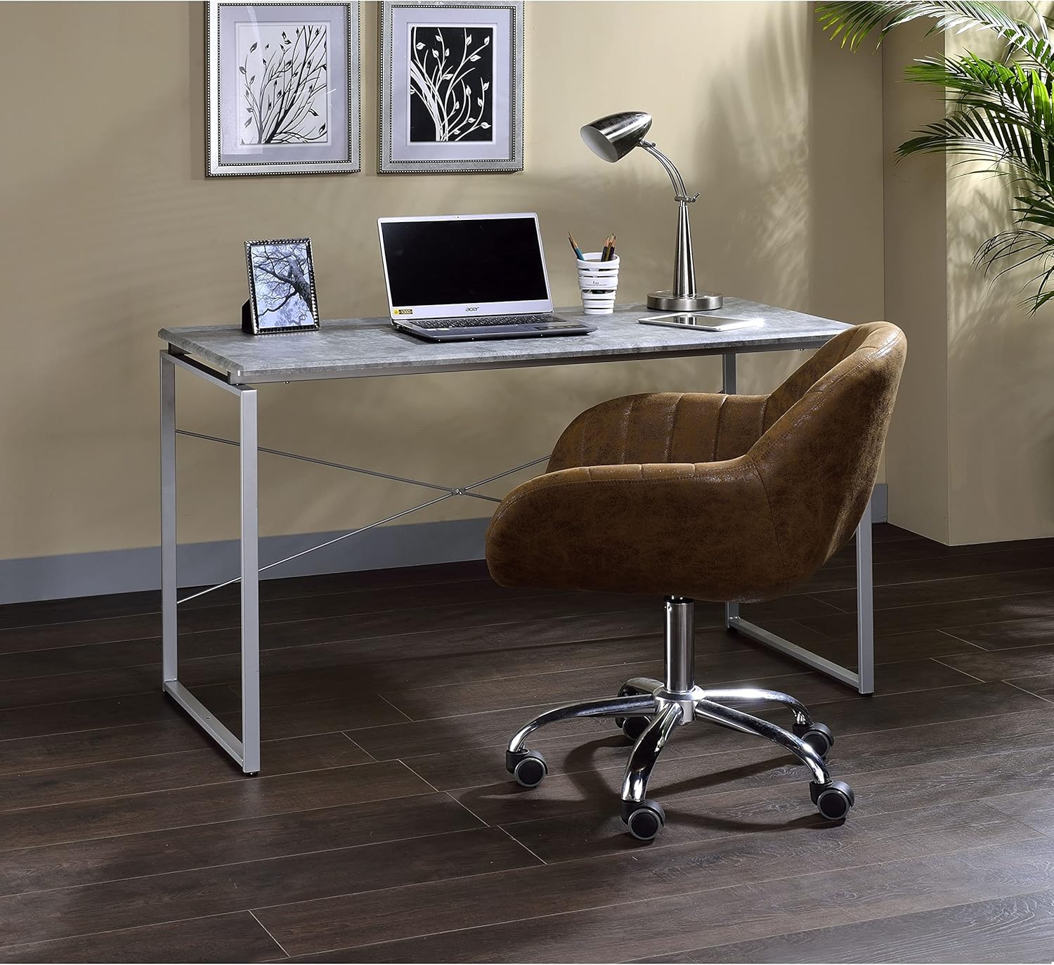Industrial Style Rectangular Writing Desk Concrete Top Metal Sled Base No Storage Silver Modern Contemporary Wood Glossy