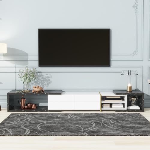 TV Stand for TVs Up to 90'', Entertainment Center with 4 Drawers and Fluted Glass Doors, TV Console with Ample Storage Space for Living Room, Bedroom, White