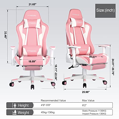 GTRACING Gaming Chair with Footrest Speakers Video Game Chair Bluetooth Music Heavy Duty Ergonomic Computer Office Desk Chair (Pink)