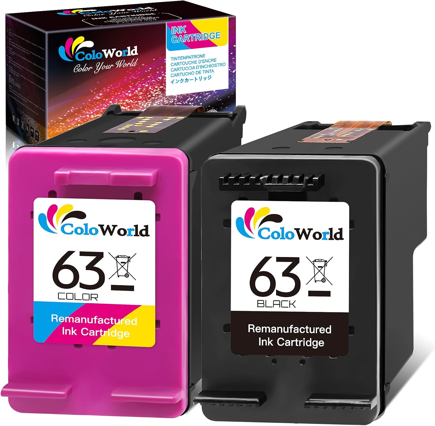ColoWorld Remanufactured for HP Ink 63 Replacement for HP 63 Ink Cartridge Combo Pack Fit for Envy 4520 3634 OfficeJet 3830 5252 4650 5258 4655 4652 DeskJet3636 3630 Printer (1 Black,1 Color)