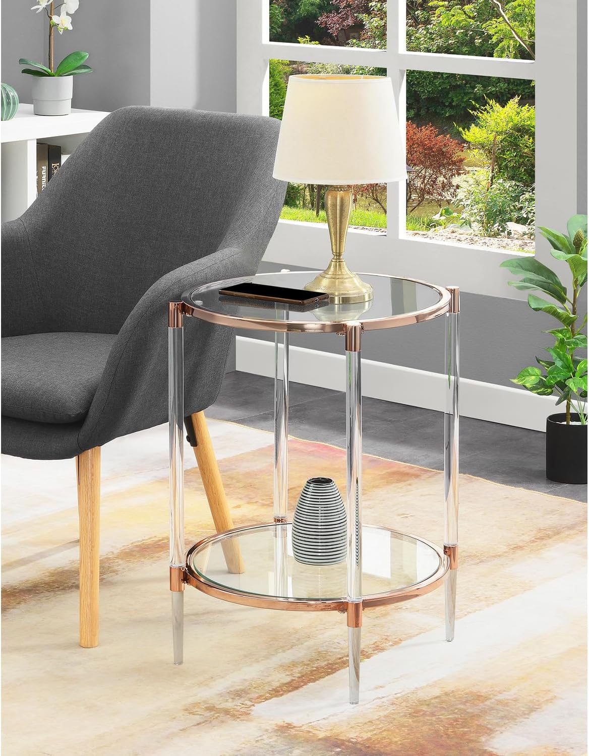 African Adventure 2 Tier Acrylic Glass End Table, Gold/Glass