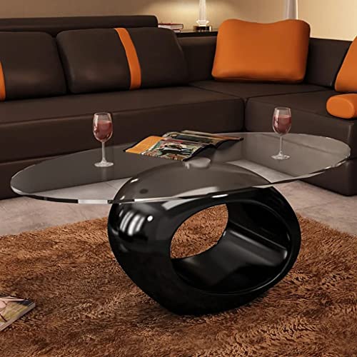Coffee Table with Oval Glass Top High Gloss Black,Industrial Tables Floor Standing Table Cocktail Table Suitable for Meeting Rooms, Reception Rooms, Offices