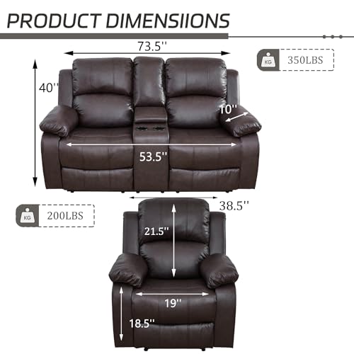 Recliner Bonded Leather Sofa Set, 2 Piece Living Room Furniture Set, Leather Reclining Couch and Chair Set with Drop Down Table (Chair and Sofa Set, Ginger)