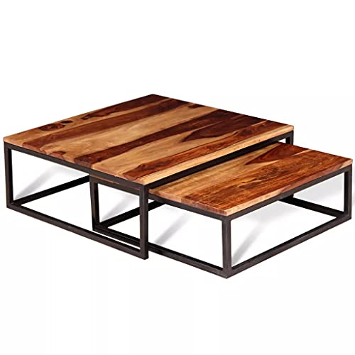 Two Piece Nesting Coffee Table Set Solid Sheesham Wood Modern Coffee Table for Living Room Center Table with Metal Frame for Living Room, Bedroom and Office - Center or Side Tables for Sofa