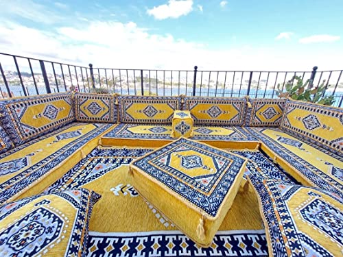 U Shaped Yellow Sectional Sofas, Floor Cushions, Arabic Floor Sofa Set, Garden Pallet Sofa, Arabic Majlis, Pouffs Turkish Floor Seating Set (U Sofas + Rug + Ottoman)
