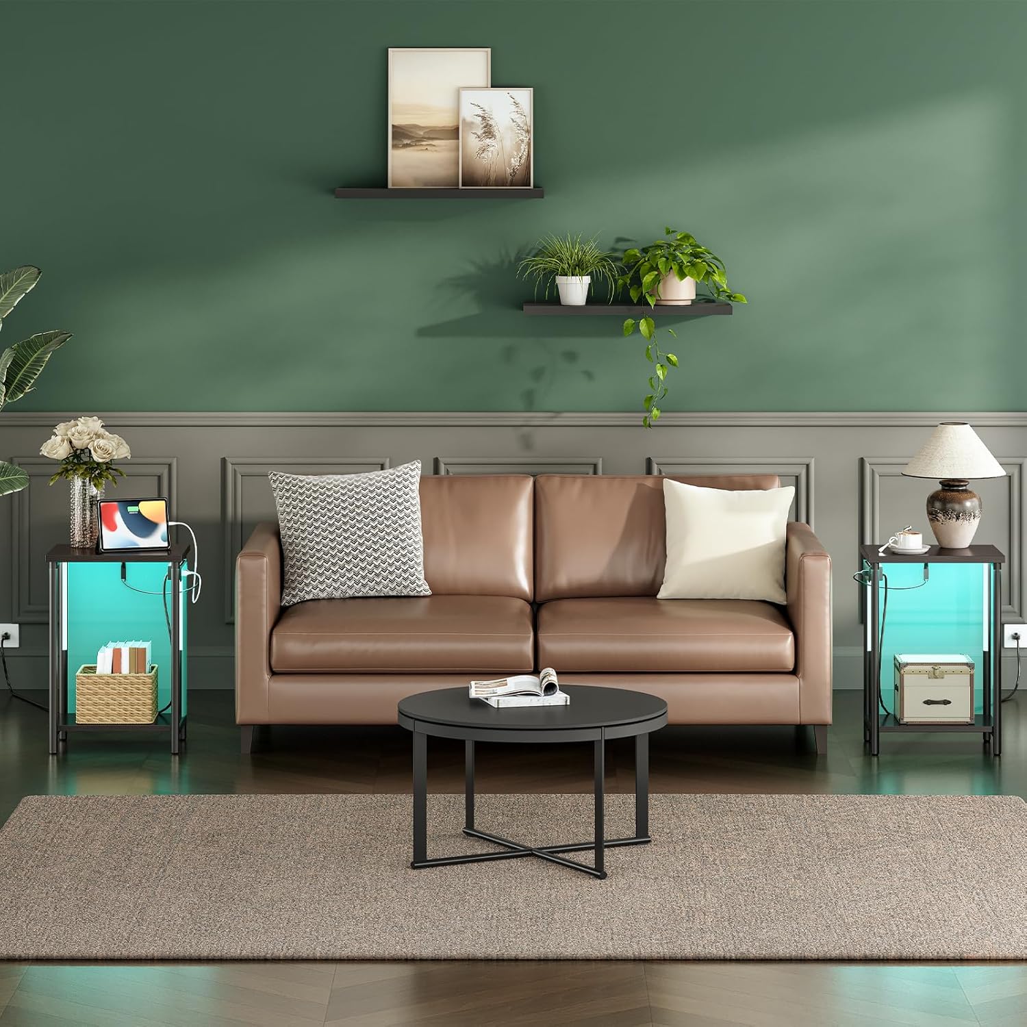 HOOBRO Side Table with Charging Station and LED Light and Farmhouse End Table with 2 Drawers and Open Shelf Bundle, mart LED Side Table with Wireless and USB for Bedroom BB119UDBZ01-BK140UDBZ01