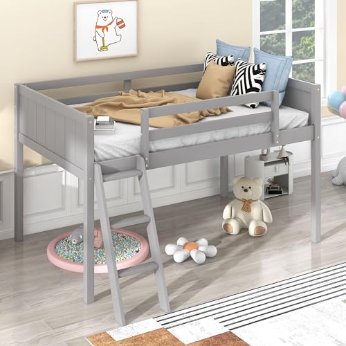 SOFTSEA Full Size Loft Bed with Under-Bed Storage Space, Wood Loft Bed Frame with Moveable Ladder and Guardrails, Full Loft Bed for Kids Adults(Space Saving/Strong Wooden Slats Support), Gray