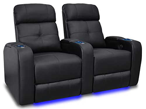 Valencia Verona Home Theater Seating | Premium Top Grain Italian 9000 Leather, Power Recliner, LED Lighting (Row of 3, Black)