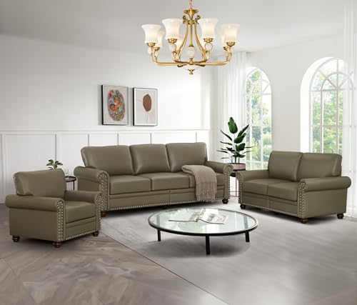 Antetek 3-Piece PU Leather Sofa Couch Set, Mid-Century Modern Arm Chair+Loveseat Sofa+3 Seater Couch with Storage Space, Comfy Upholstered Sofas for Living Room, Furniture Set, Taupe