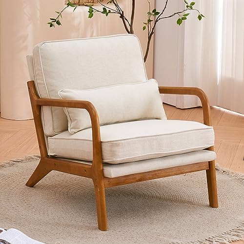 Modern Accent Chair Armchair with Oak Armrest, Upholstered Single Lounge Chair Comfy Linen Reading Vanity Living Room Chairs Sofa Chair,Indoor Leisure Chair for Living Room Bedroom,Dark Grey