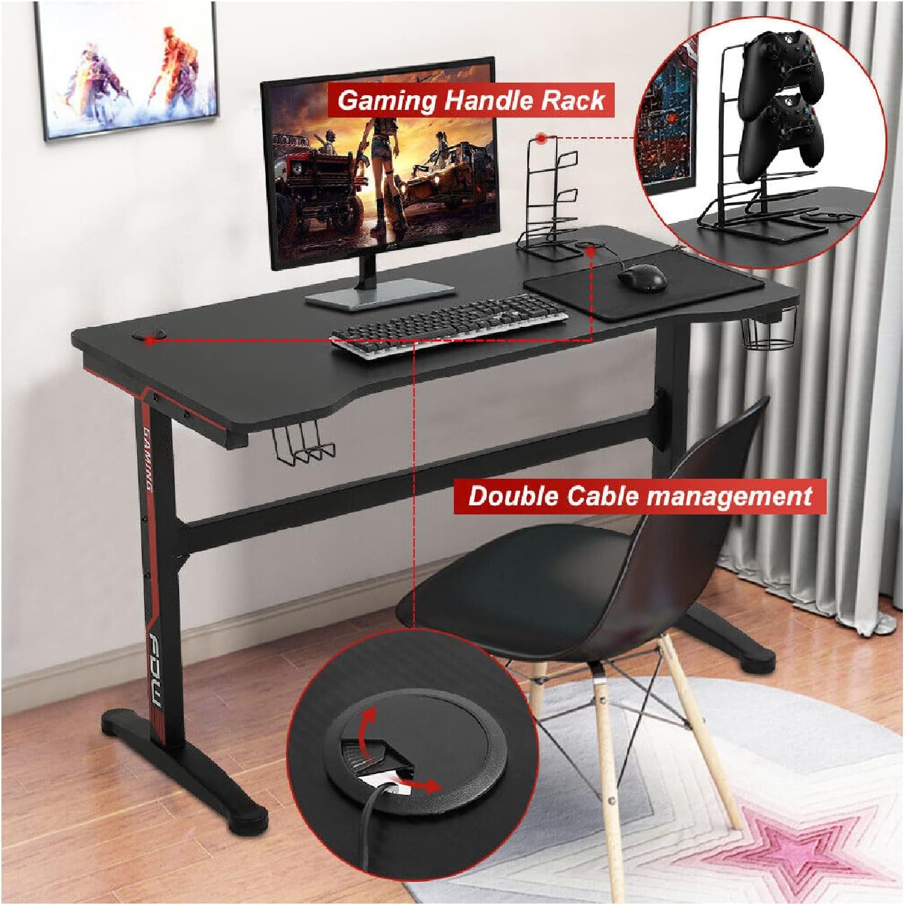 Gaming Desk, 47 inch Computer Desk Gaming with USB Gaming Handle Rack&Full Desk Mouse Pad, T-Shaped Desk Cheap, Gamer Tables with Cup Holder&Headphone Hook.