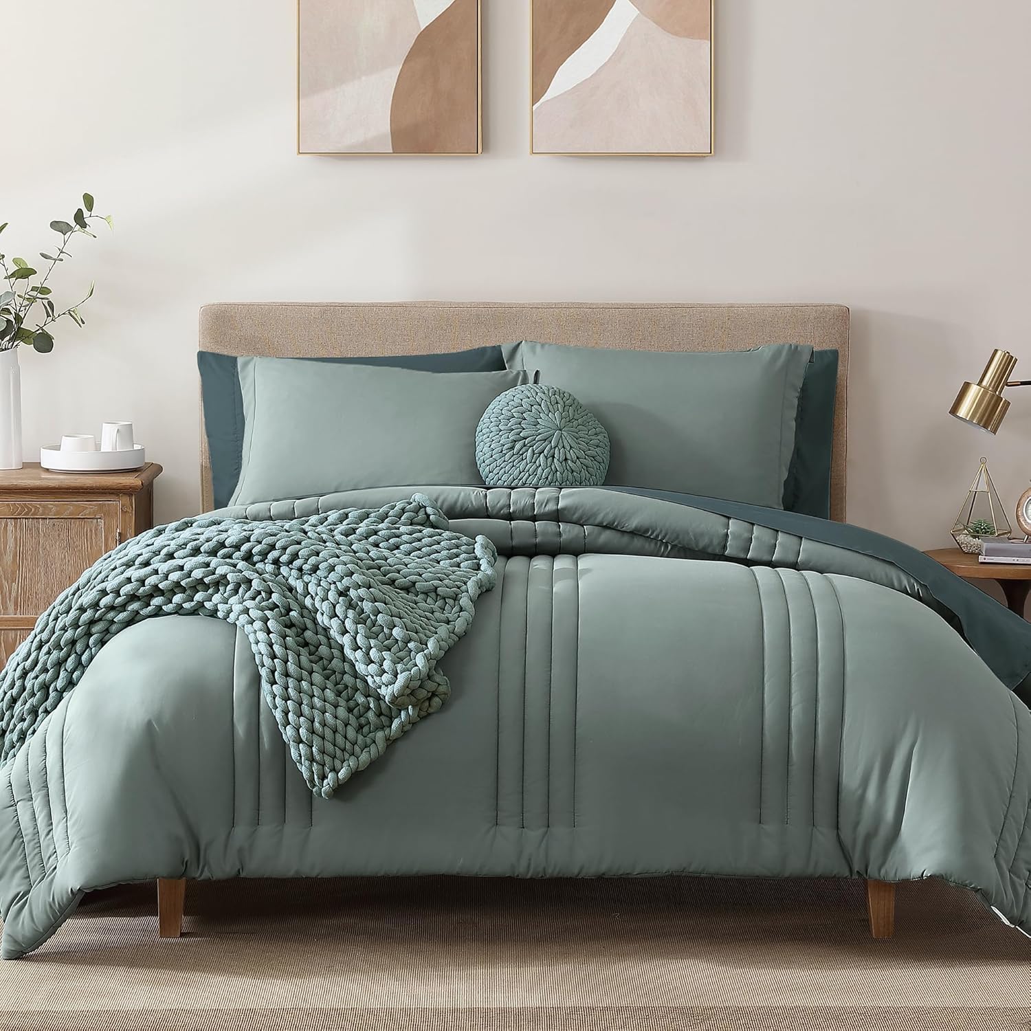 Monbix California King Comforter Set,California King Comforter, All Seasons Comforters,Quilting Design Bed in A Bag Cal King Comforter with Sheets(Sage Green, California King, 108 * 92)