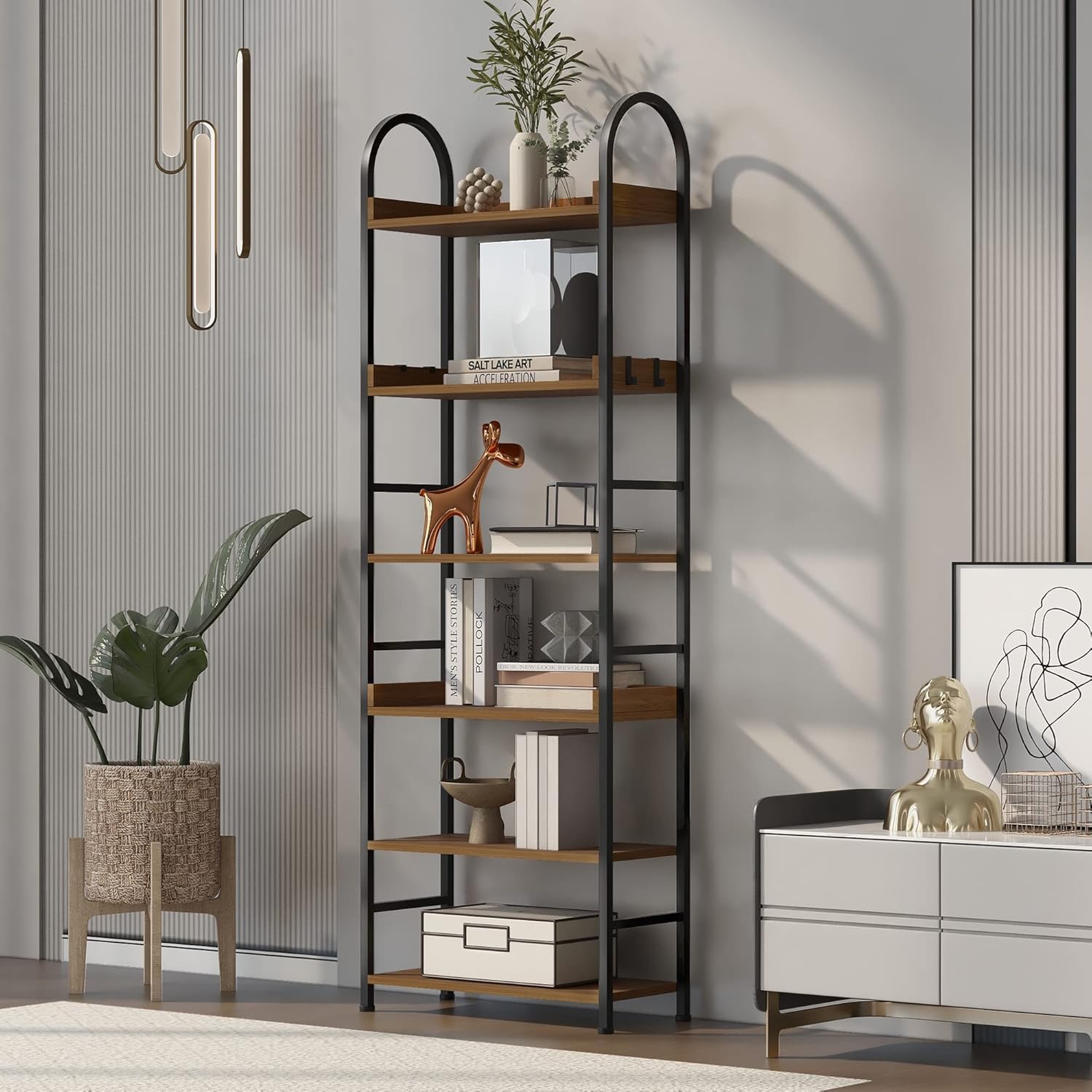 Merax 6 -Tier Tall Bookshelf Bookcase, Open Industrial Open Storage and Display Shelves with Hooks
