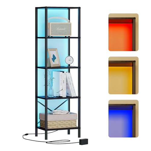 5-Tier Bookshelf, Tall Narrow Bookcase with LED Lights, Book Shelf with Steel Frame, Display Storage Shelf for Living Room, Bedroom, Home Office, Study, Balcony, Black