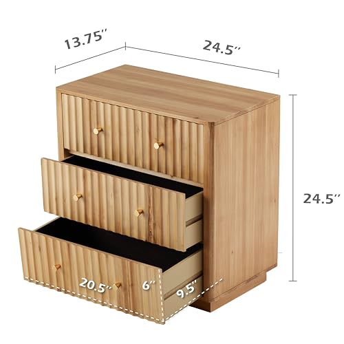 3-Drawer Farmhouse Dresser with Handcrafted 3D Vertical Wave Pattern, Wood Nightstand for Living Room, Bedroom, Fully-Assembled, Modern Rustic