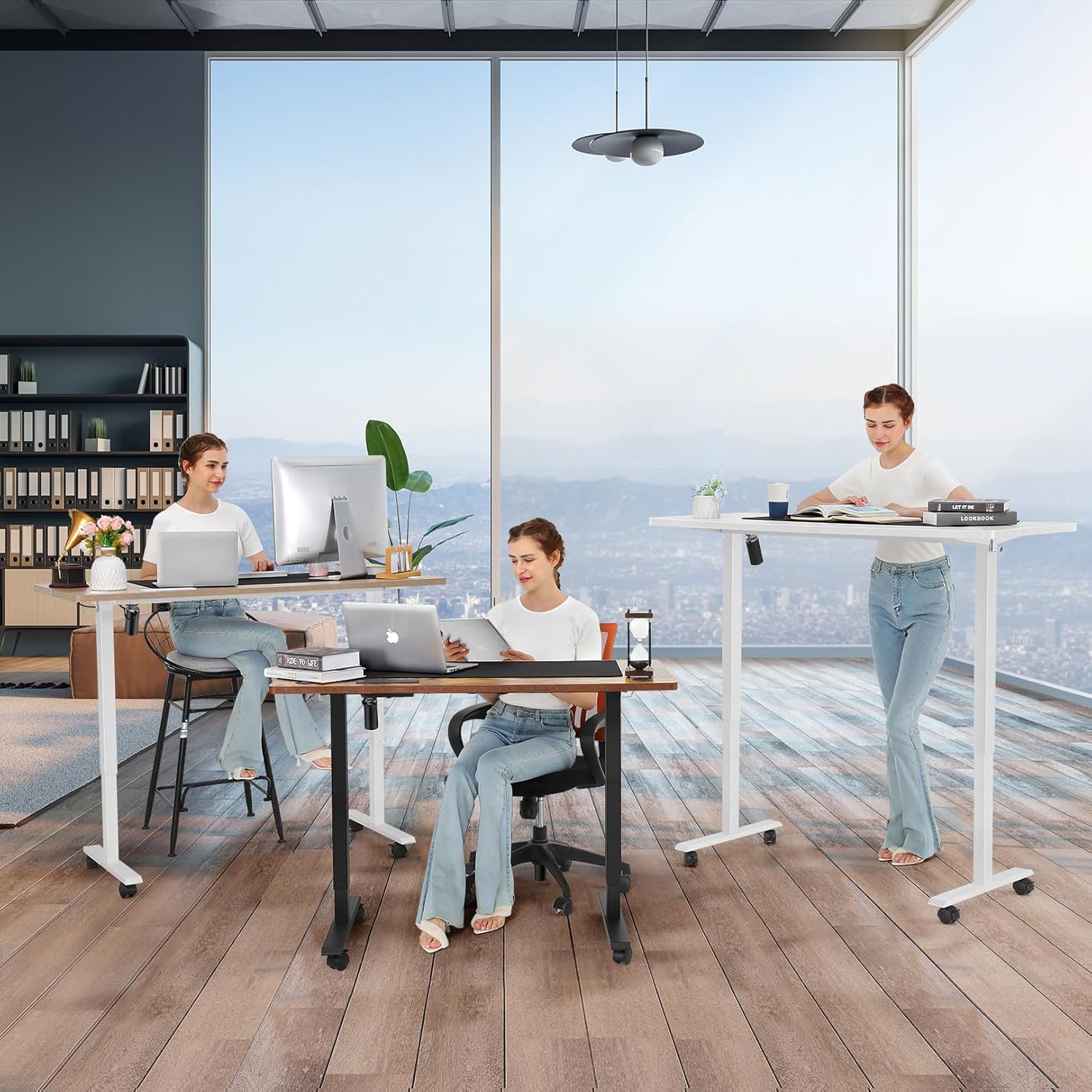 Electric Standing Desk 48x24in with Wheels, Ergonomic Curved Sit-Stand Desk with Charging Station, 2 USB Ports, 3 Power Outlets, Spacious Workstation for Home Office(Black)