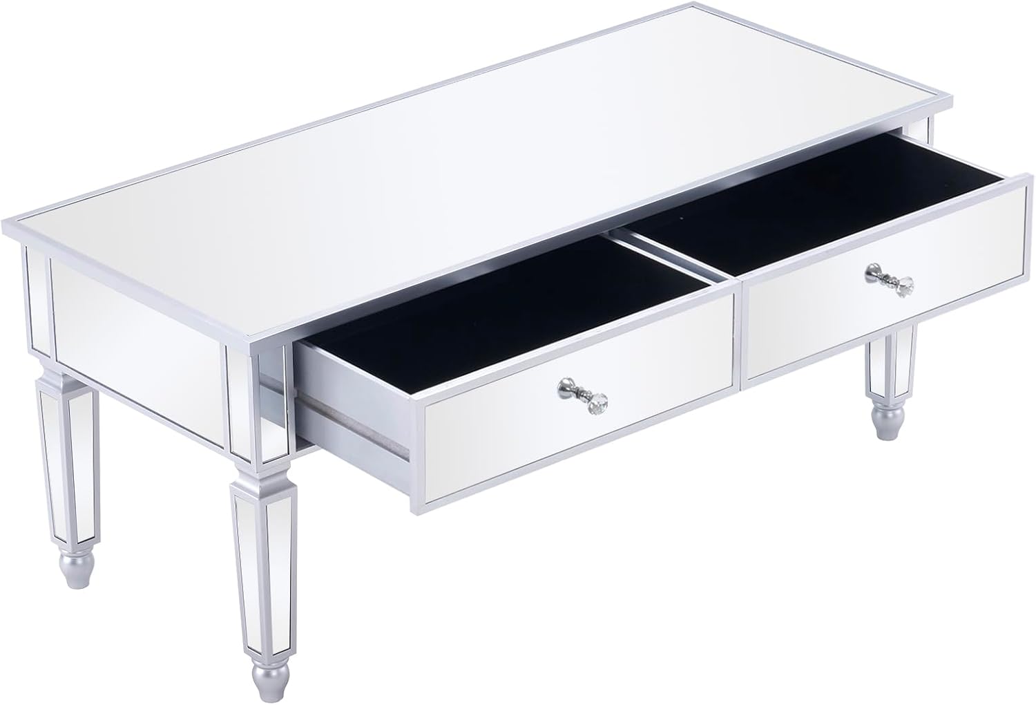 Mirrored Coffee Table with LED Lights and 2 Drawers, Rectangle Modern Cocktail Table for Living Room Office, Silver