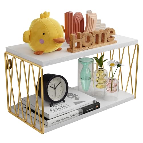 Wood Floating Nightstand Wall Mounted, White and Gold Bedside Wall Shelves for Bedroom, Small Floating Side Table Shelf 2 Tier, Farmhouse Geometric Shelf Wall Mounted in Living Room,Bathroom