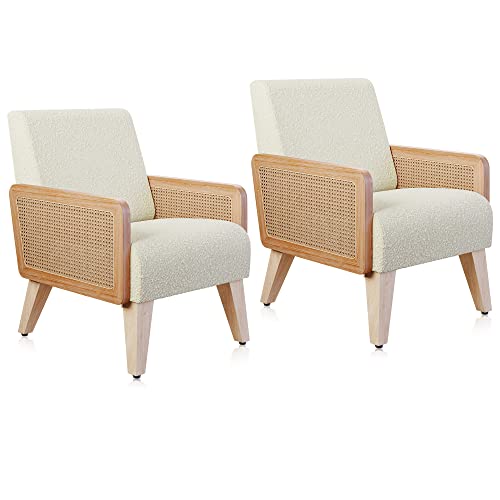 BELLEZE Mid-Century Accent Armchairs Set of 2, Side Chairs with Solid Wood Frame, Comfy Soft Linen, Ergonomic Oversized Backrest for Living Rooms, Bedrooms, Lounges, and Offices - Kensington (Cream)