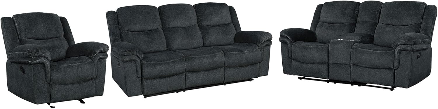 3-Piece Living Room Sets Velvet Recliner Sofa Set Reclining Chairs w/Flipped Middle Backrest,Cup Holders&Hidden Arm Storage for Elderly,Manual Home Theater Seating Lounge w/USB&Sockets for Living Room