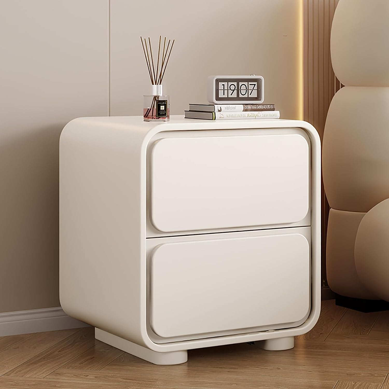 Solid Wood with Double Drawers, Side Table Cabinet with Storage, Bedroom nightstand, Modern Bedroom nightstand with Hidden Handle, Rounded Corner Design, Suitable for Bedroom, Sofa, etc.