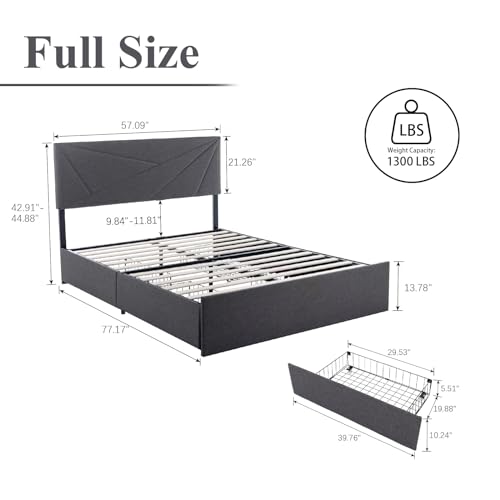Queen Size Bed Frame with 4 Drawers and Adjustable Headboard,Upholstered Platform Bed with Type-C & USB Port Charging Station,Sturdy Construction, Easy Assembly,No Box Spring Needed,Beige