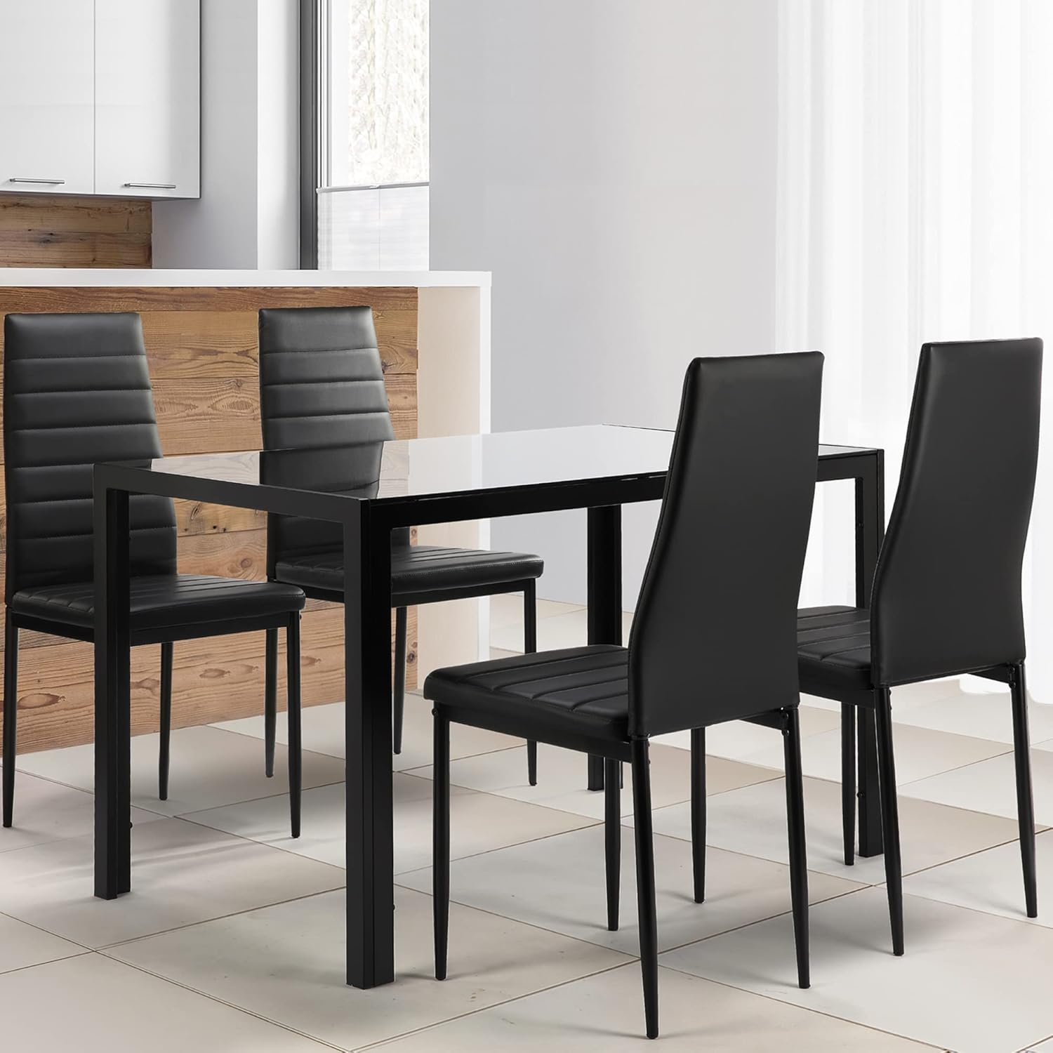 JOYBASE 5 Piece Dining Table Set, Tempered Glass Top Table with 4 Leather Chairs, Kitchen Dining Furniture, Black