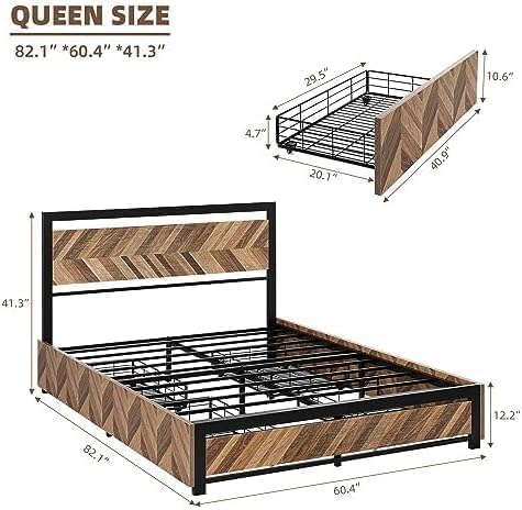 Queen Bed Frame with 4 Storage Drawers, Rustic Vintage Metal Platform Bed Frame with Headboard, Strong Metal Slats Support, No Box Spring Needed, Noise Free, Easy Assemble