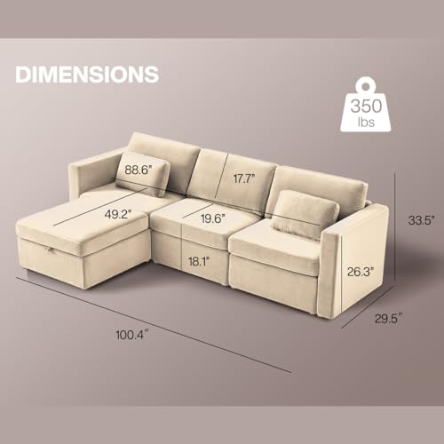 Modern Velvet Fabric Sectional Sofa,L/U-Shape Couch,4 Seats Oversized Upholstery Sectional Sofa,Chaise Couch with Storage Ottomans for Living Room/Loft/Apartment/Office-Off White