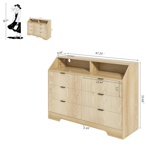 6 Drawer Dresser with Charging Station Fluted Accent Drawer Dresser with Power Outlet Mid Century Modern Chest of Drawers Wide Wood Drawers Dresser Storage Dressers Chest for Bedroom, Living Room