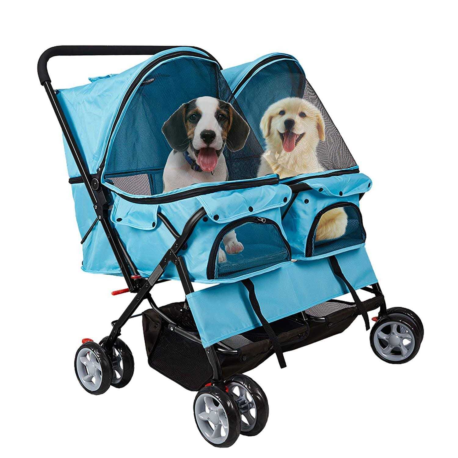 Dporticus Double Pet Stroller Foldable Stroller for 2 Dogs Cats Two-Seater Carrier Strolling Cart for Dog Cat and More Multiple Colors - Pet Supplies online store