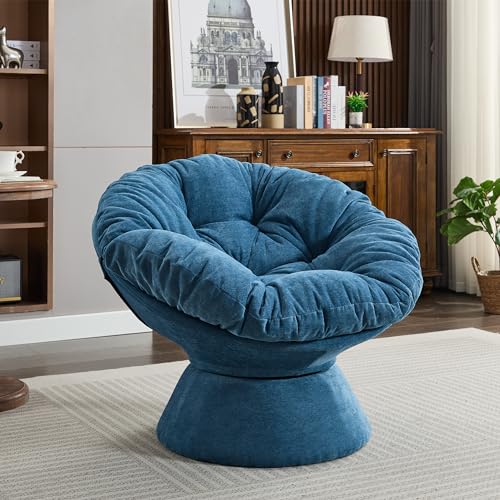 JULYFOX 360 Degree Swivel Papasan Chair, Chenille Fabric Overstuffed Round Wood Swivel Accent Chair with Iron Base for Living Room Bedroom Home Office (Light Blue, 37 inch)