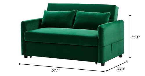 JINS&VICO Velvet Sofa Bed with Adjustable Backrest, Convertible Sleeper Sofa with 2 Lumbar Pillows, Modern Futon Sofa with Plastic Legs for Living Room, Bedroom, Office, Light Brown