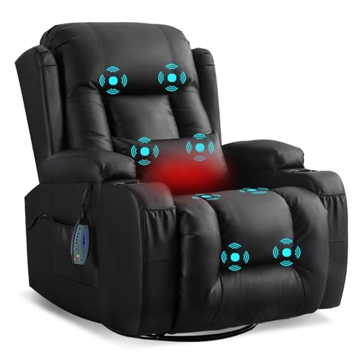 TUNYI Recliner Chair, Swivel Rocker Recliner Chair with Massage and Heat for Adults, PU Leather Rocking Chair with Cup Holder/Side Pocket/Lumbar Pillow for Living Room (Blue Grey)