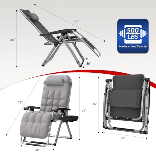 Elevens Oversized Zero Gravity Chair, 30in Reclining Patio Lounge Chair with Removable Cushion & Tray, Adjustable Headrest, Black, Support 500lbs