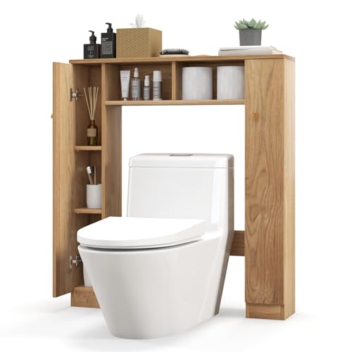 LOKO Over The Toilet Storage Cabinet, Freestanding above Toilet Organizer with Double Doors, 2 Open Compartments & 4 Adjustable Shelves, Bathroom Space Saver, Laundry Room Storage Rack (Natural)