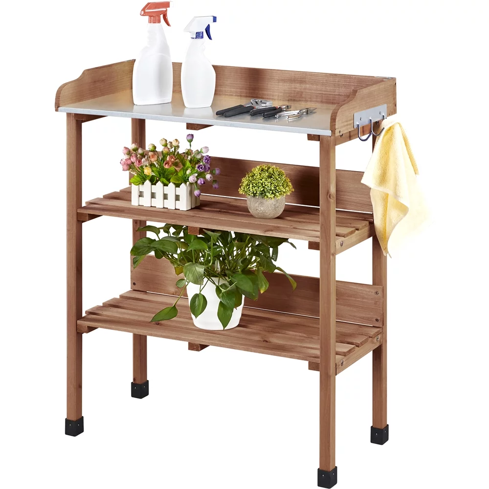 Easyfashion Outdoor Potting Bench Table with Storage Shelf,Brown
