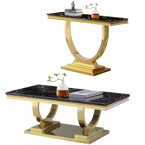 3 Piece Living Room Table Set Include 1 Faux Marble Coffee Table & 1 End Table & 1 Console Table, Modern White Silver Coffee Table Set of 3 with Double O Shape Stainless Steel Pedestal Base