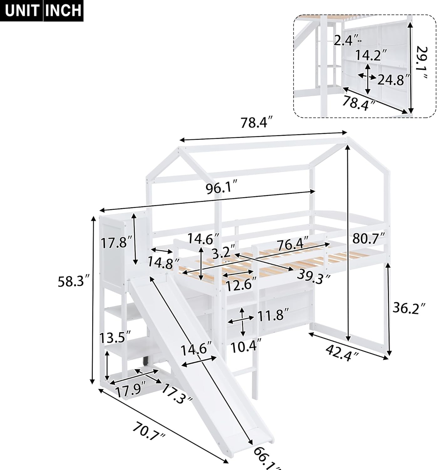 Twin Size Slide, Storage Shelves and Light, Climbing Ramp,Solid Loft Kids,Wood Play House Bed for Girls/Boys/Toddlers,White, 80.7
