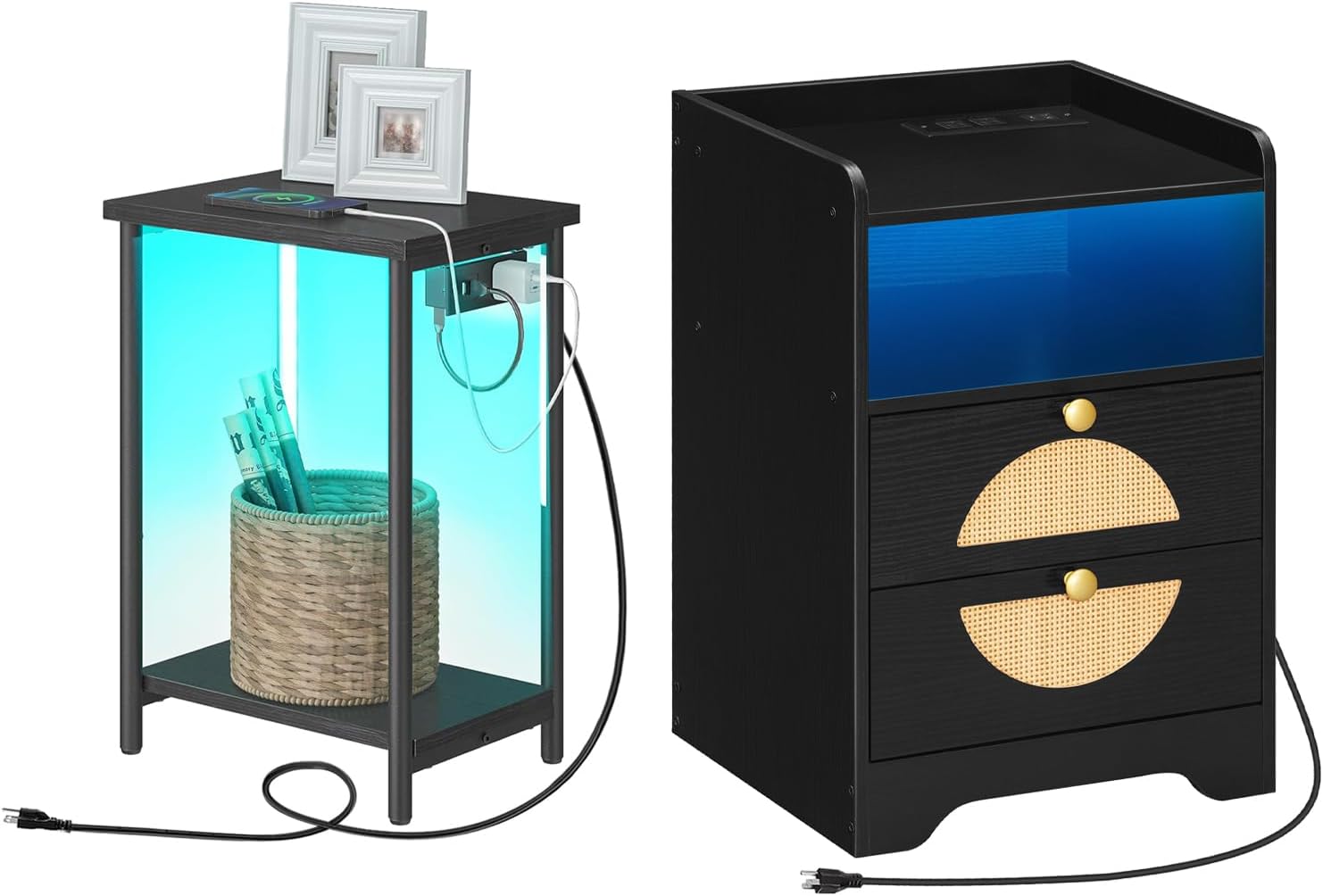 HOOBRO Side Table with Charging Station and LED Light and Modern End Table with 2 Drawers and Storage for Small Spaces, Living Room, Bedroom BB119UDBZ01-BY135UDBZ01