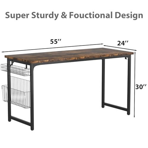 yoyomax, 55 Inch, Rustic Brown Computer, Home Office, Wood Simple Style Student Writing Desk, Study PC Table with Storage Basket and Headphone Hooks