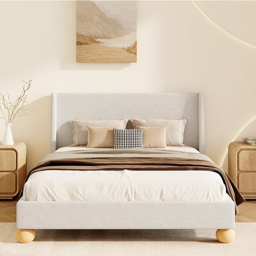 SOFTSEA Modern Velvet Upholstered Platform Bed with Wingback Headboard and Round Wooden Legs, King Size Upholstered Bed for Bedroom, Cream