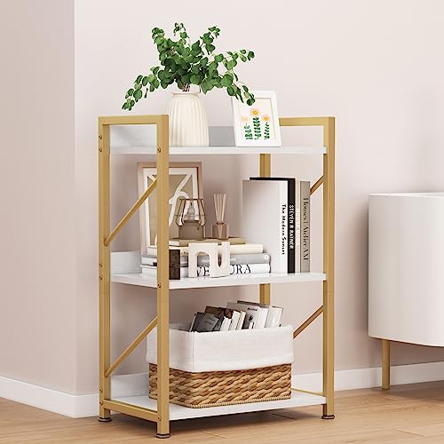 Small Bookshelf for Small Spaces, 3 Tier Bookcase, Narrow Gold Book Shelf, Small Shelf Open Display Rack for Bedroom, Living Room, Home Office,Rustic Brown