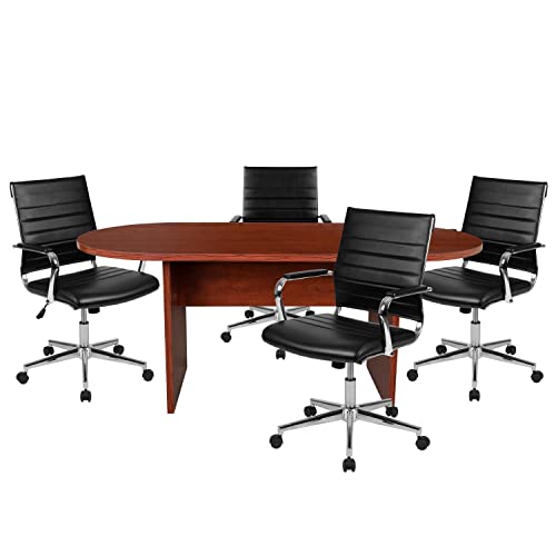 Flash Furniture Lake 5 Piece Mahogany Oval Conference Table Set with 4 Black LeatherSoft Ribbed Executive Chairs