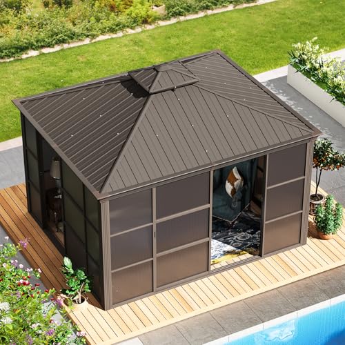 EROMMY 12' x 15' Sunroom, Solarium Gazebo with Aluminum Frame and Polycarbonate Roof, Outdoor Permanent Sun Room with Moveable PVC Screen and Sliding Door for Garden, Patio, Deck, Lawns