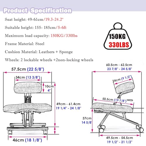 Height-Adjustable Kneeling Office Chair 330lbs, Soul Seat Cross Legged Chair on Wheels, Posture Chair for Desk Home Meeting/study/powder Room, Meditation Squatting Stool
