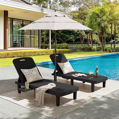 Oversized Outdoor Chaise Lounge Chairs Set of 2，Patio Lounge Chair with Adjustable Backrest, Pool Chaise Lounge with Cup Holder, Resin Chair for Poolside, Beach, Garden and Yard (Black)