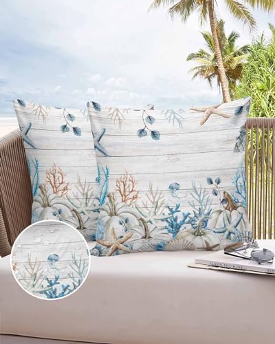 Outdoor Pillow Covers Waterproof, Fall Pumpkins Coastal Throw Pillowcase Decorative Cover, Summer Fall Coral Wooden Garden Cushion Case Set of 2 for Sofa, Couch, Tent, Patio, 20