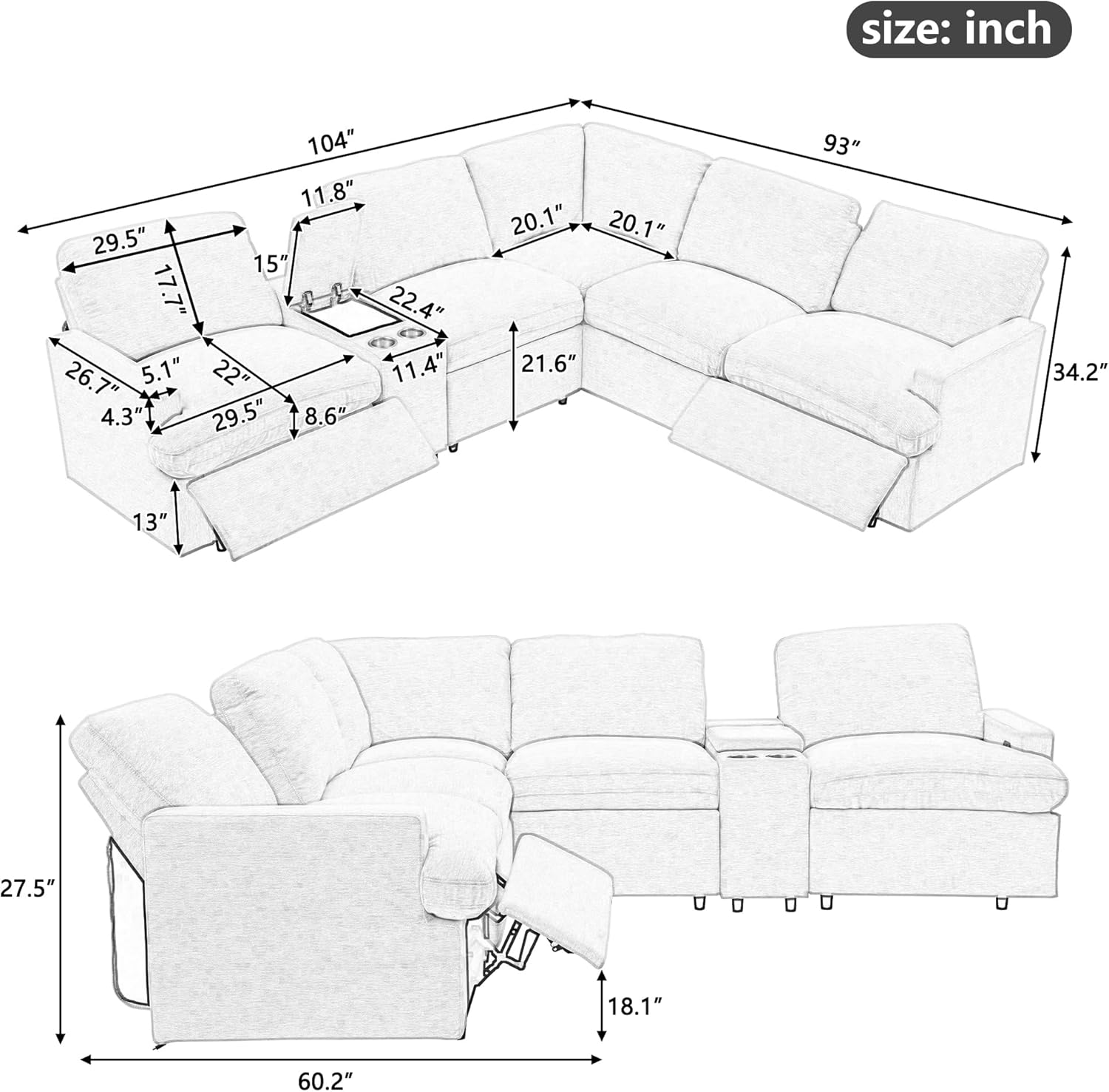 104'' Power Recliner Corner Sofa Home Theater Reclining Sofa Sectional Couches with Storage Box, Cup Holders, USB Ports and Power Socket for Living Room, Beige